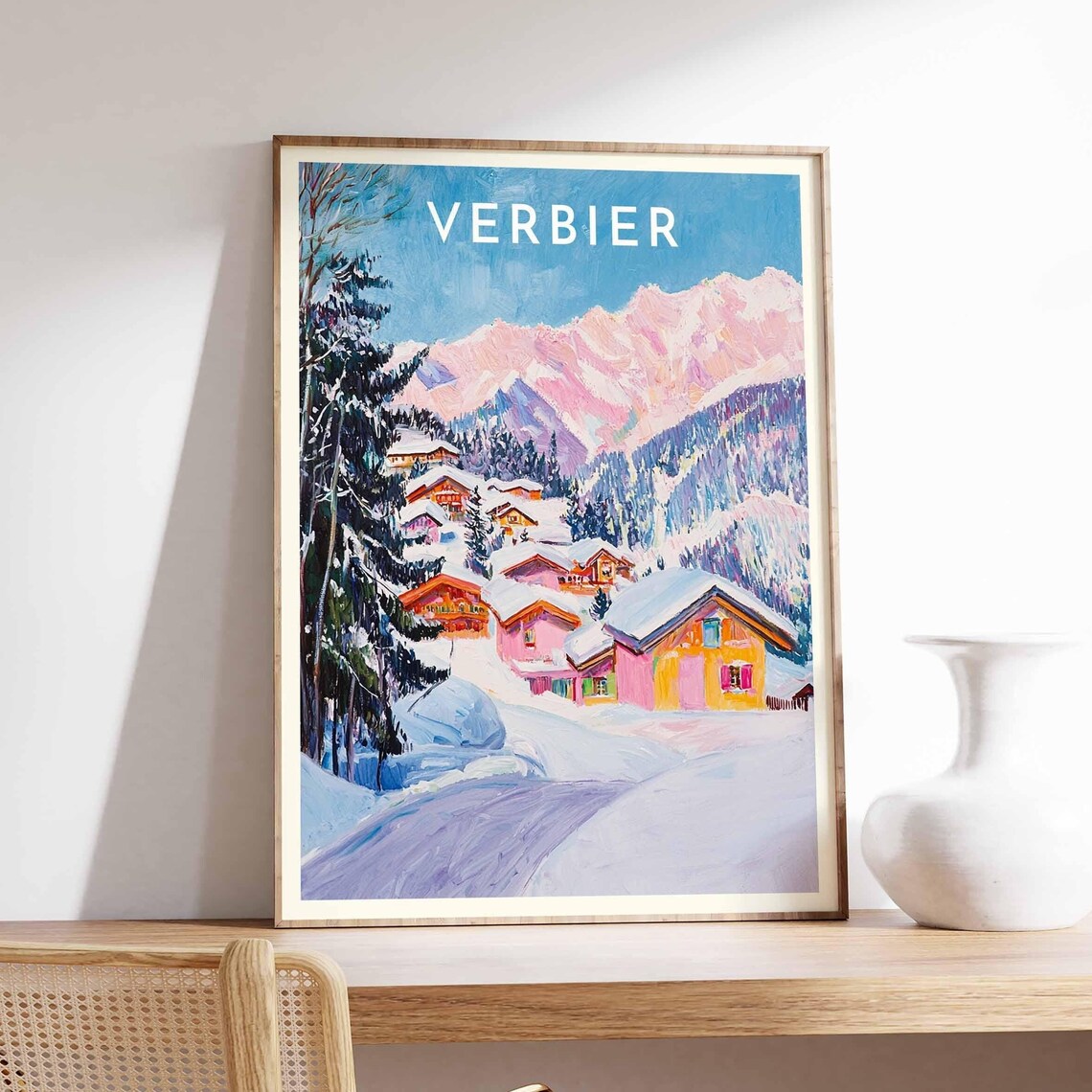 Verbier Switzerland Colorful Chalets Pink Peaks Winter Travel Poster
