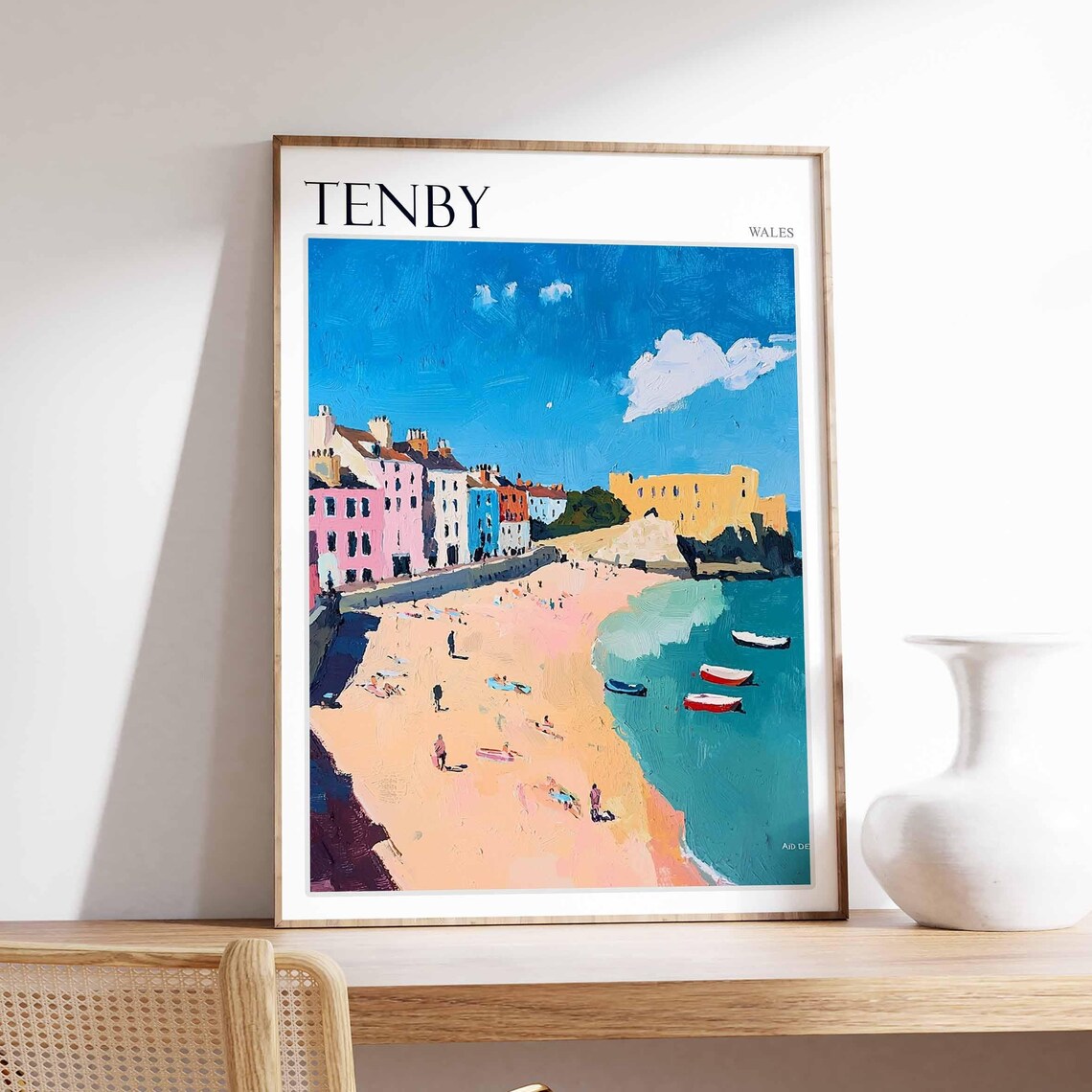 Tenby Curved Beach Rowing Boats Harbour Houses View Art Poster