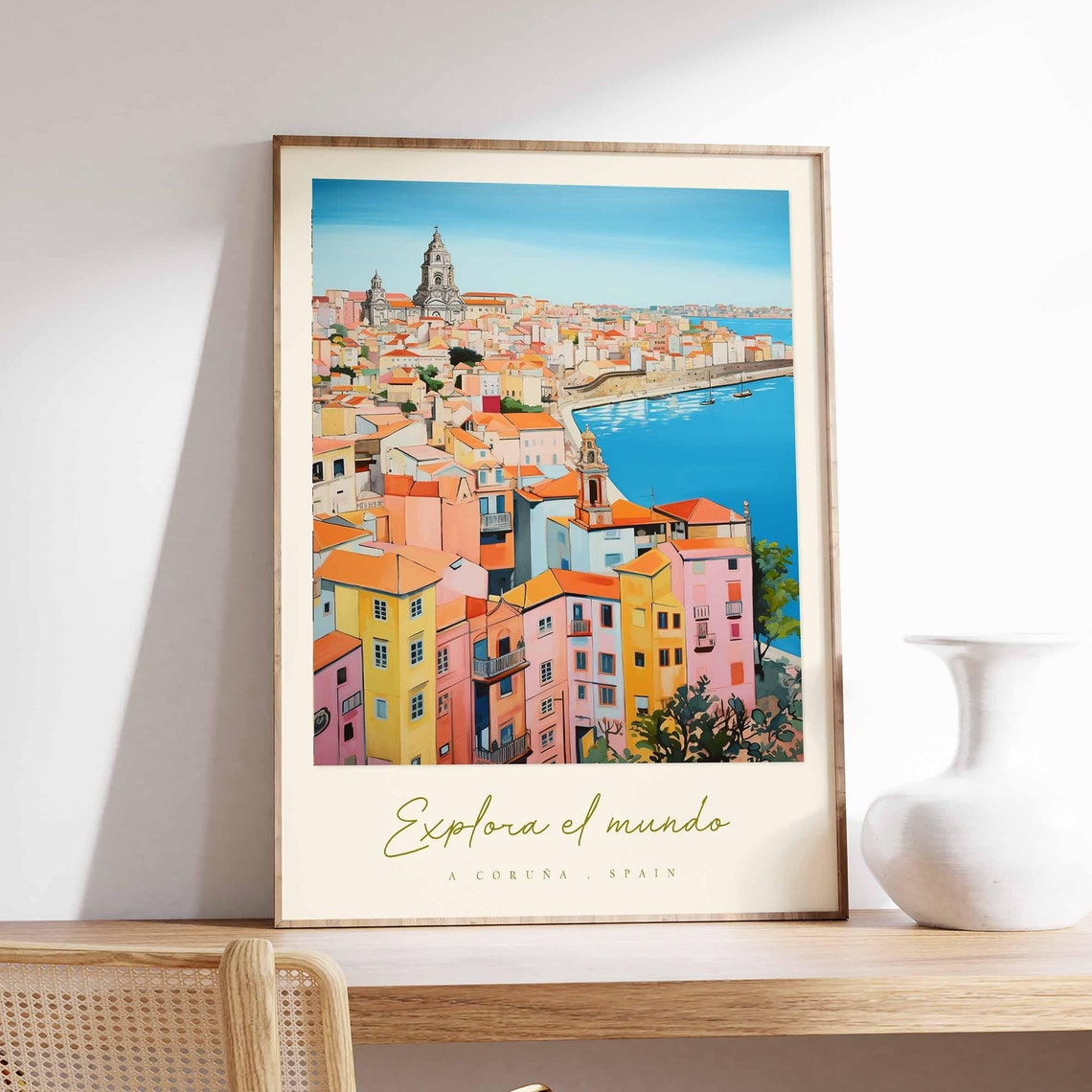 A Coruna Spain Coastal Old Town Orange Roofs Harbor Art Poster