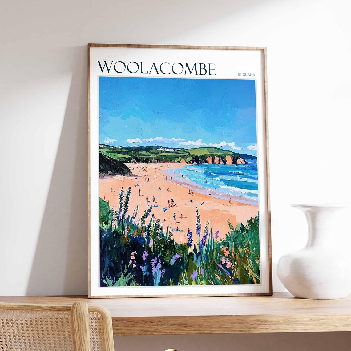 Woolacombe England Wildflower Cliffs Busy Beach Travel Poster