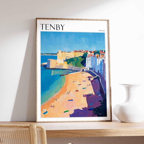 Tenby Harbour Wall Beach Boats Castle Headland View Art Poster