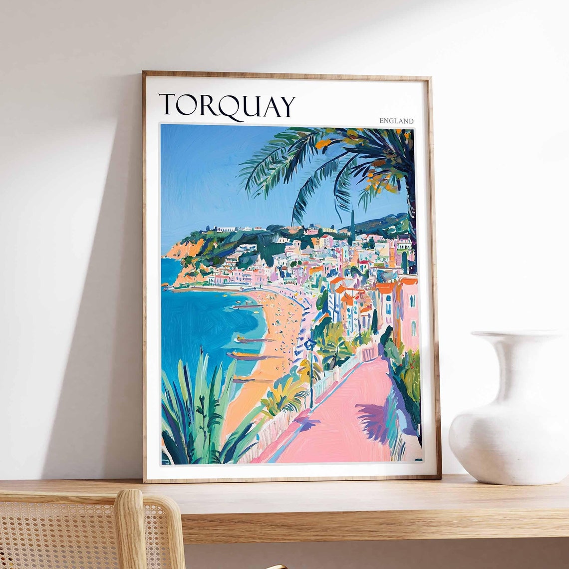 Torquay Palm Promenade Beach Bright Painterly Seaside England Poster