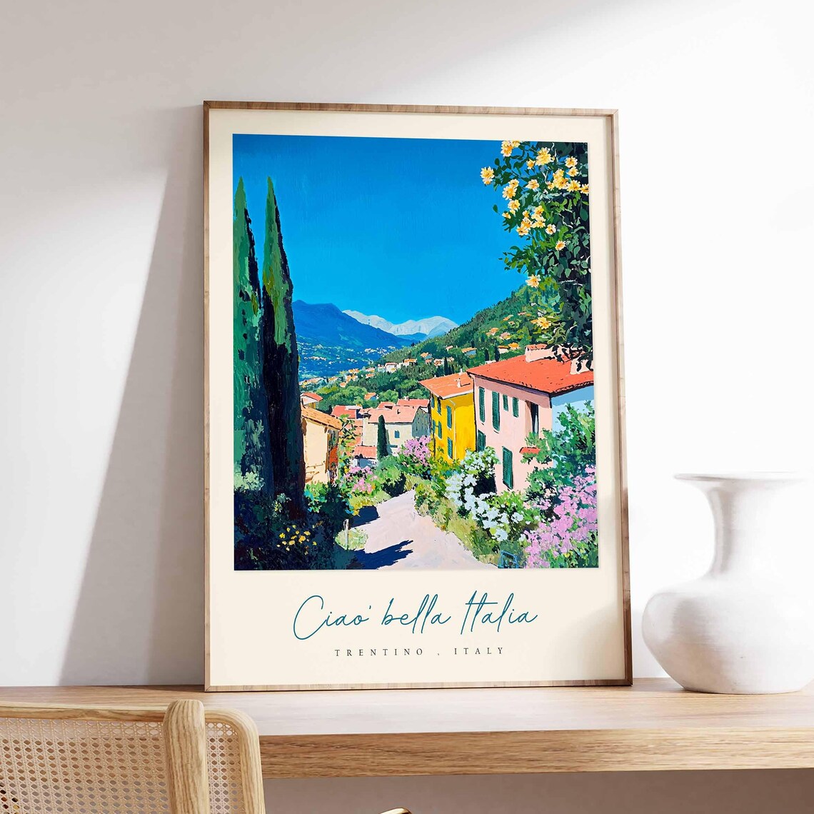 Trentino Italy Hillside Village Painting Cypress Yellow Flowers Poster