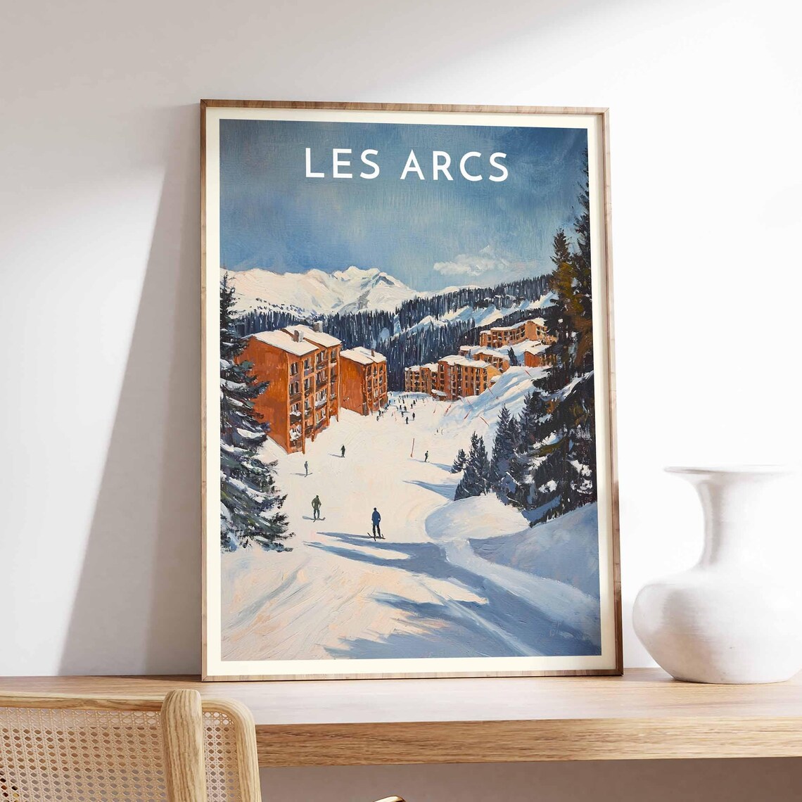 Les Arcs France Skiers Village Lodges Alpine Slopes Travel Poster
