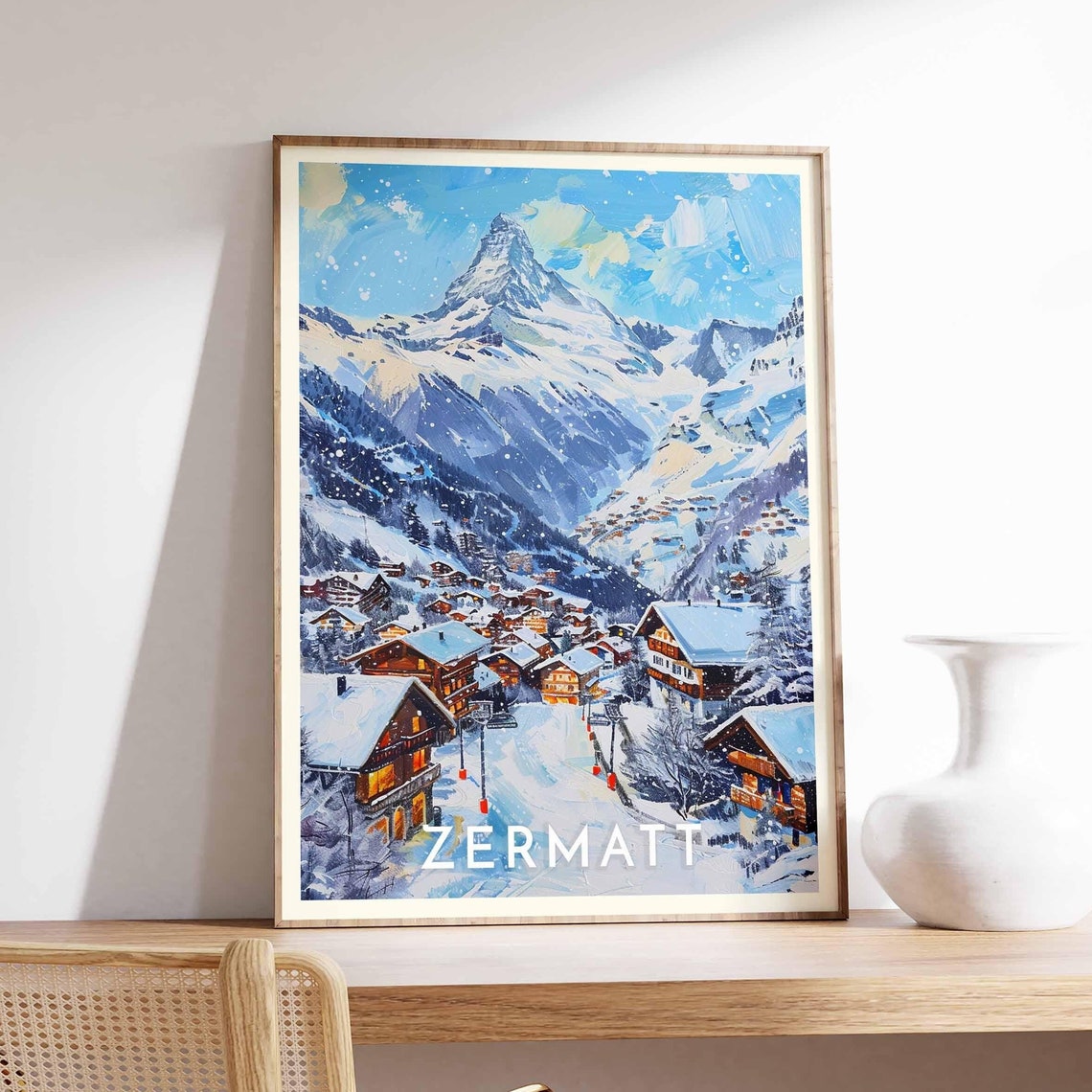 Zermatt Snowy Village Matterhorn Sunset Snowfall Evening Poster