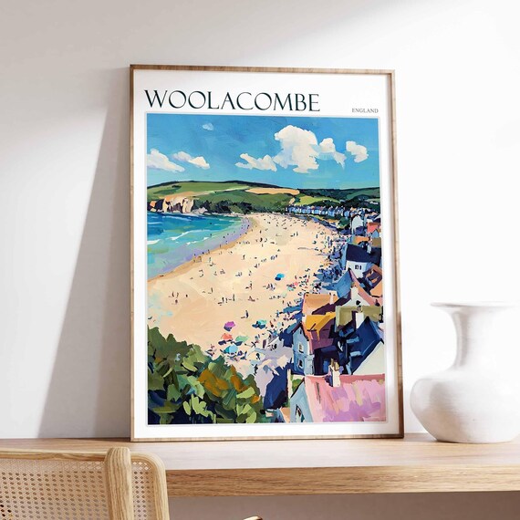 Woolacombe England Aerial Beach View Coastal Town Travel Poster
