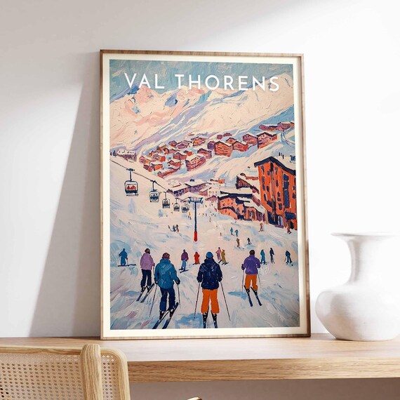 Val Thorens France Skiers Red Buildings Chairlift Slope Poster