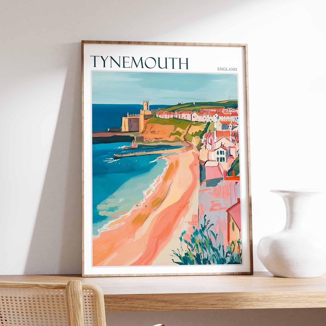 Tynemouth Cliffs Long Pink Beach Castle View Scene Art Poster