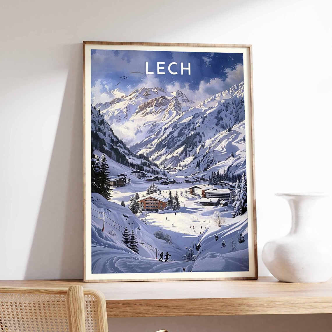 Lech Austria Dusk Alpine Village Skiers Chairlift Snowy Valley Poster