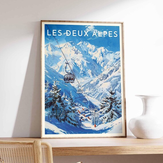 Les Deux Alpes Skiing Travel Poster, Winter Sport Print