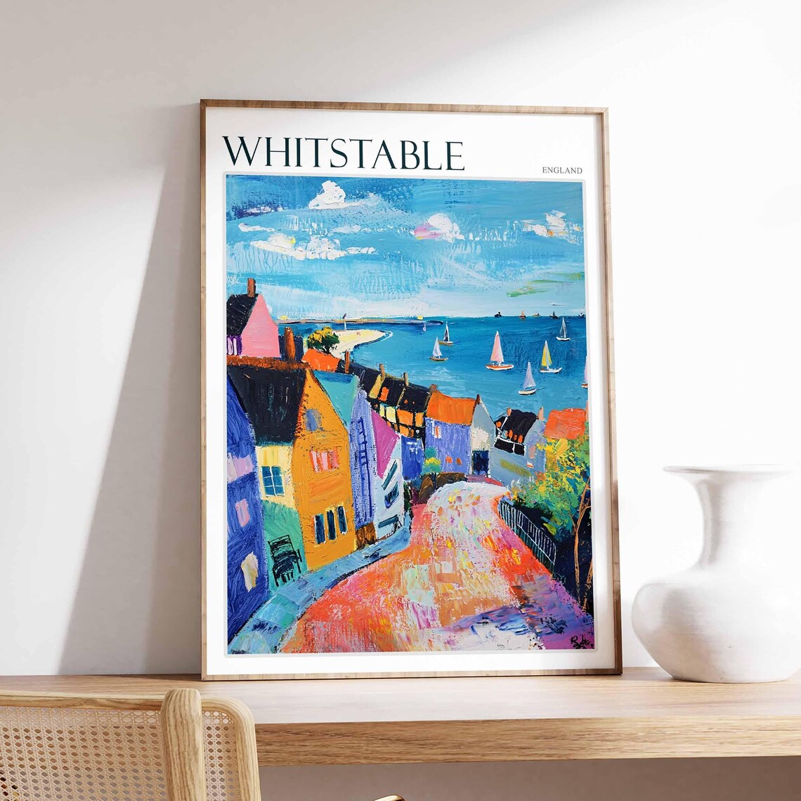 Whitstable England Colorful Houses Harbour Sailboats Travel Poster