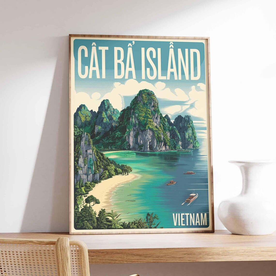 Cat Ba Island Vietnam Poster of Towering Limestone Karsts and a Sandy Beach