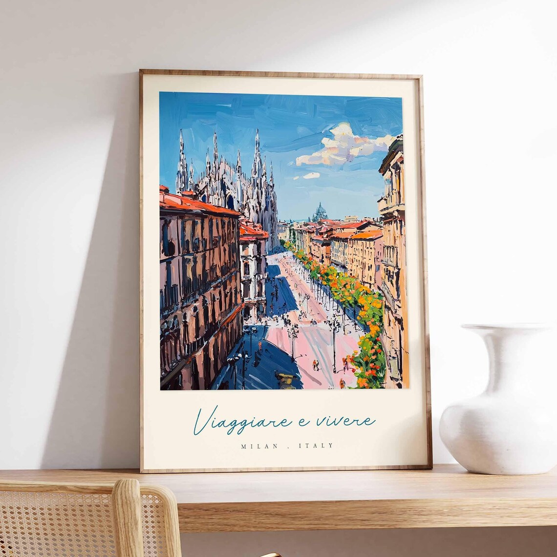 Milan Duomo Sunny Street Scene Bold Brushwork Italy Travel Poster