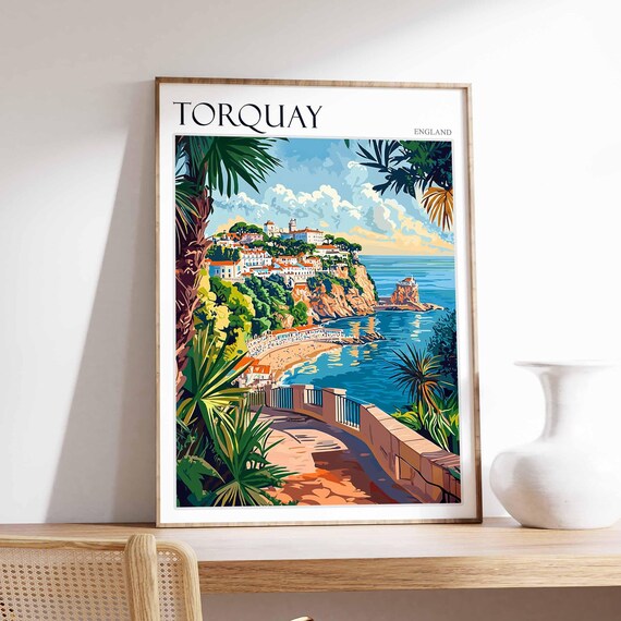 Torquay Palm Framed Bay Town Hill Tropical England Travel Art Poster