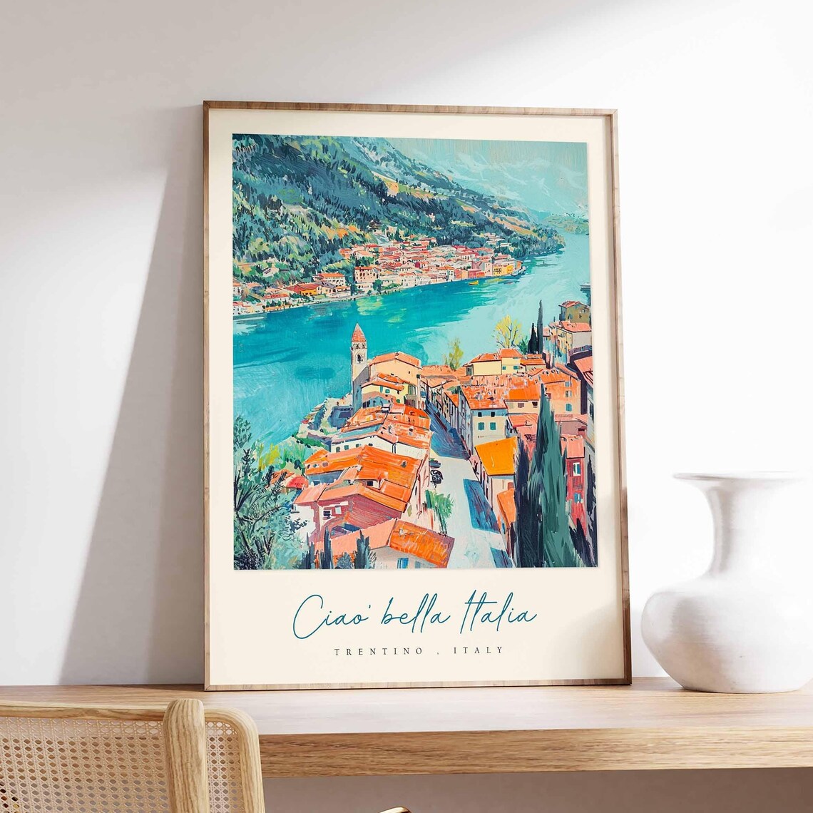 Trentino Italy Coastal Town Painting Turquoise Lake Church Poster