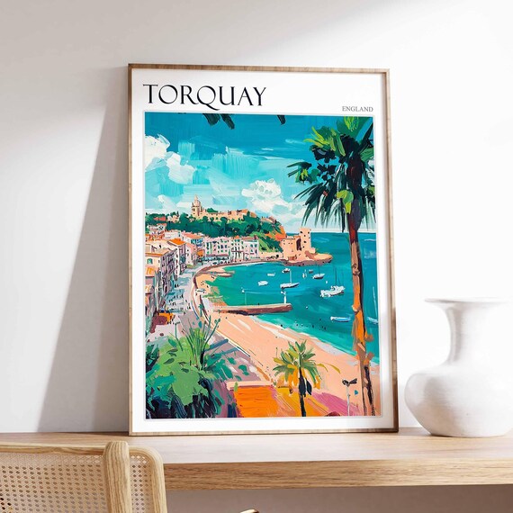 Torquay Beach Palms Hilltop Fort Boats Painterly England Coast Poster
