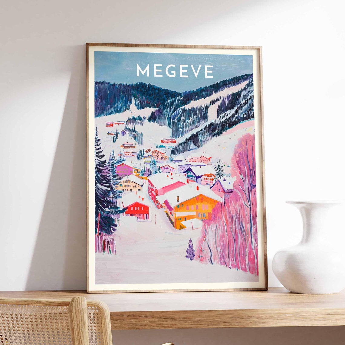 Megeve Vibrant Village Pinks Alpine Slope Painterly Artwork Poster