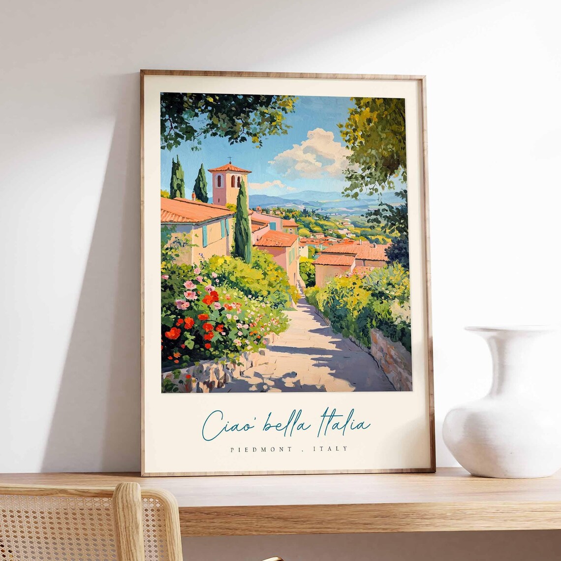 Piedmont Italy Flower Street Bell Tower View Scene Travel Poster