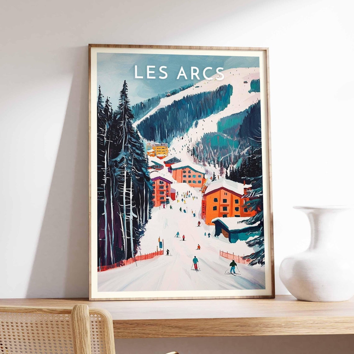 Les Arcs France Ski Slope Skiers Pine Forest Alpine Village Poster