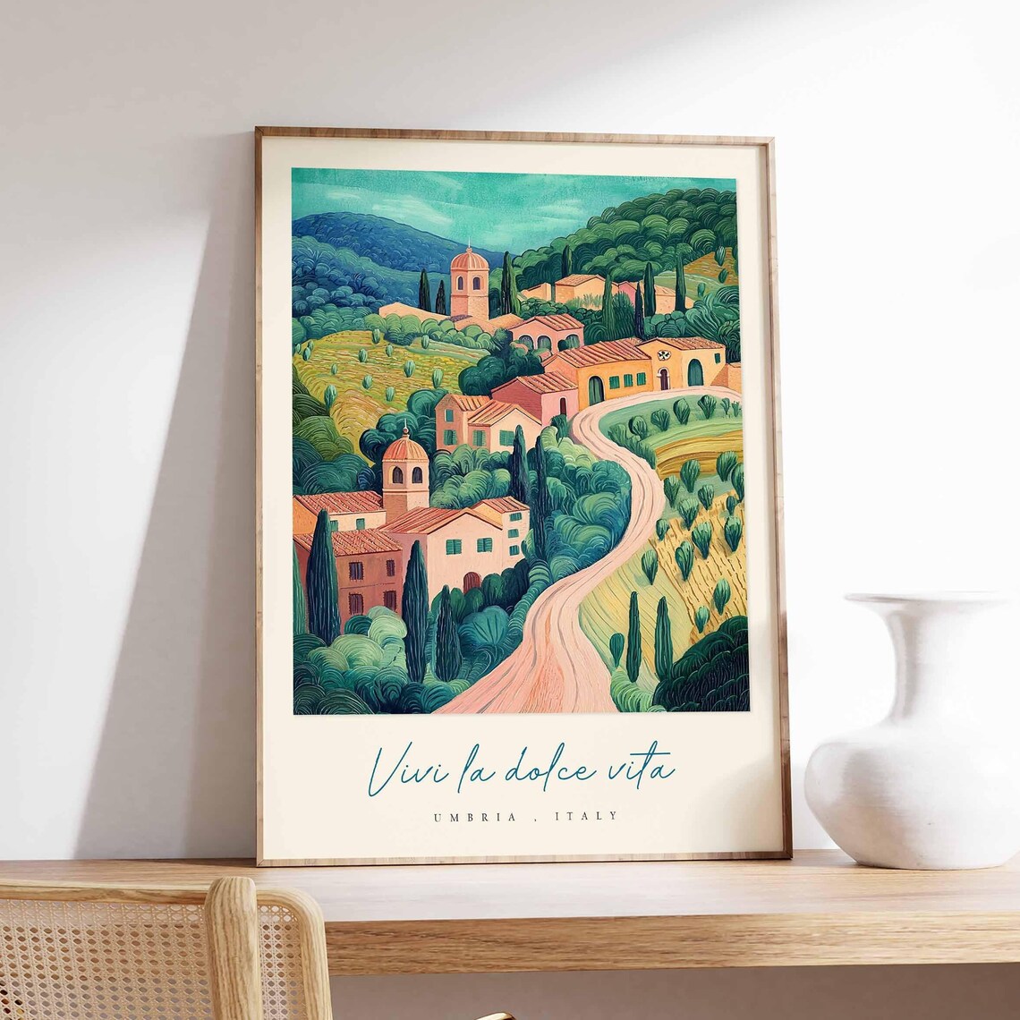 Umbria Italy Folk Art Hilltop Village Church Winding Road Poster