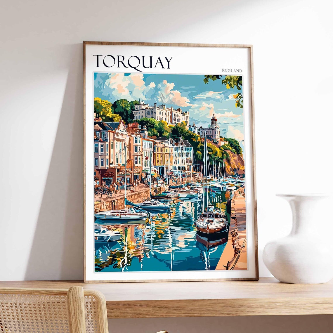 Torquay Harbor Marina White Buildings Sailboats England Art Poster