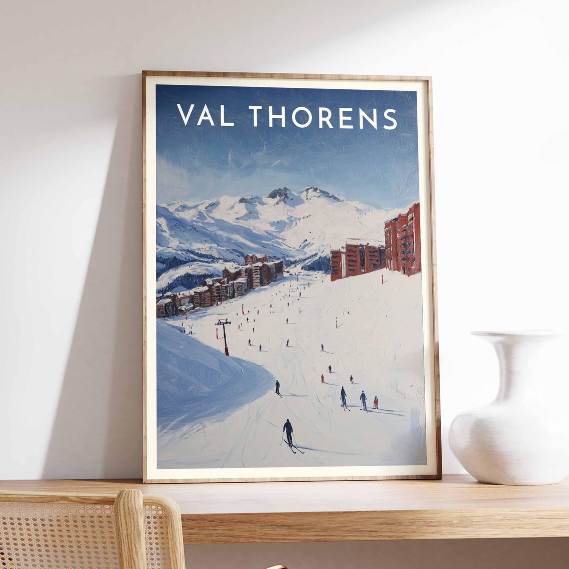 Val Thorens France Wide Open Slope Skiers White Mountain Poster