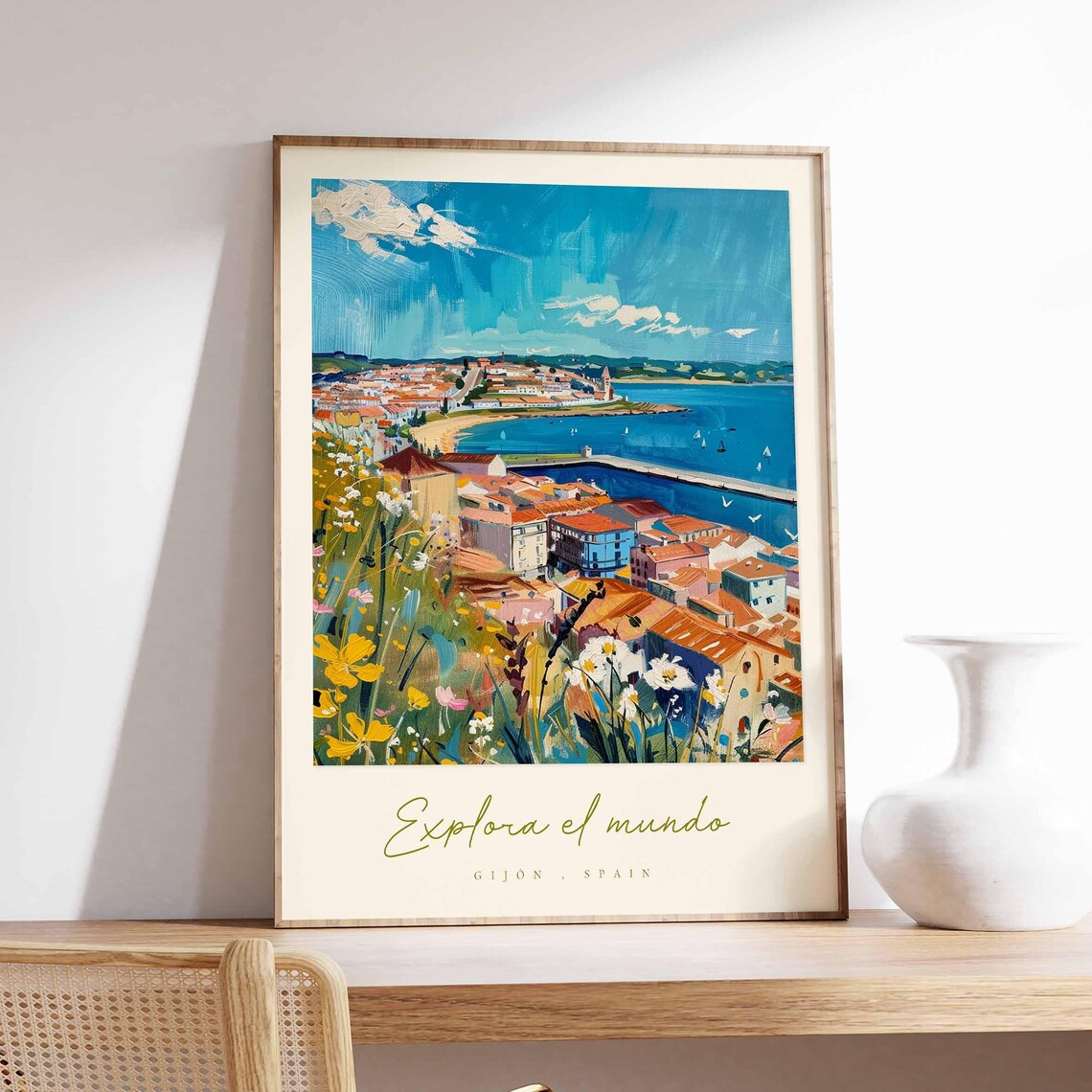 Gijon Spain Coastal Travel Poster Impressionist Harbor Floral Scene Art