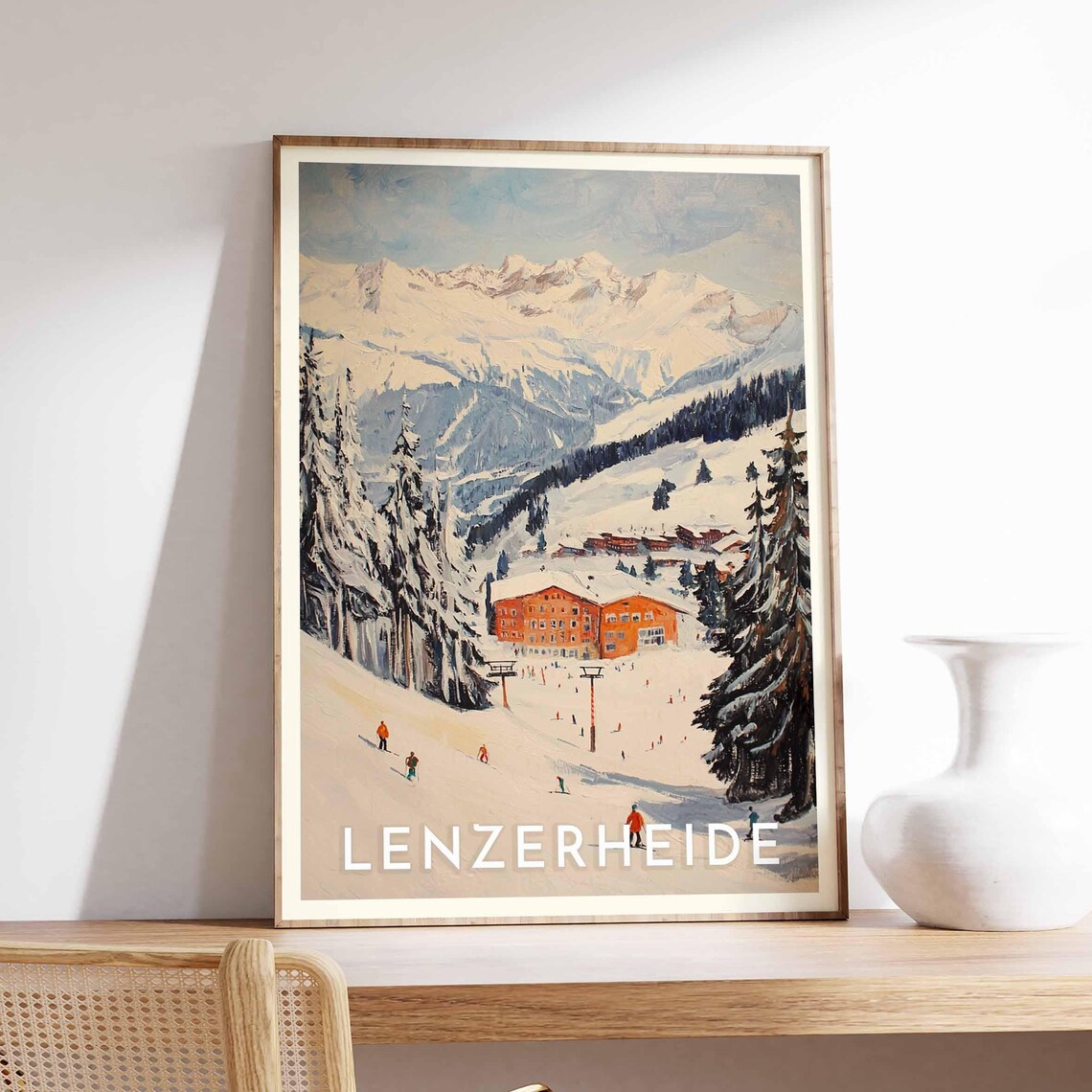 Lenzerheide Switzerland Vintage Skiers Alpine Hotel Snowy Ski Poster
