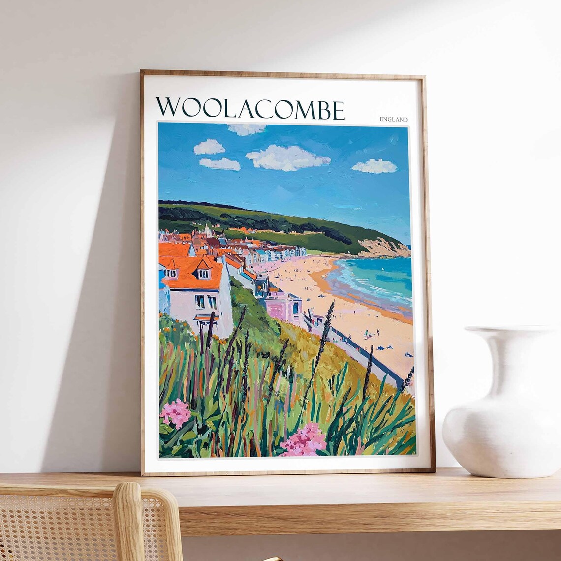 Woolacombe England Beach Cove Village Watercolor Landscape Poster