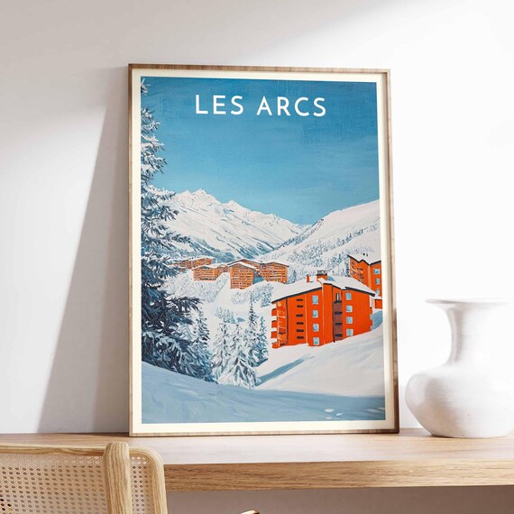 Les Arcs France Retro Snowy Village Mountain Ski Lodge Poster