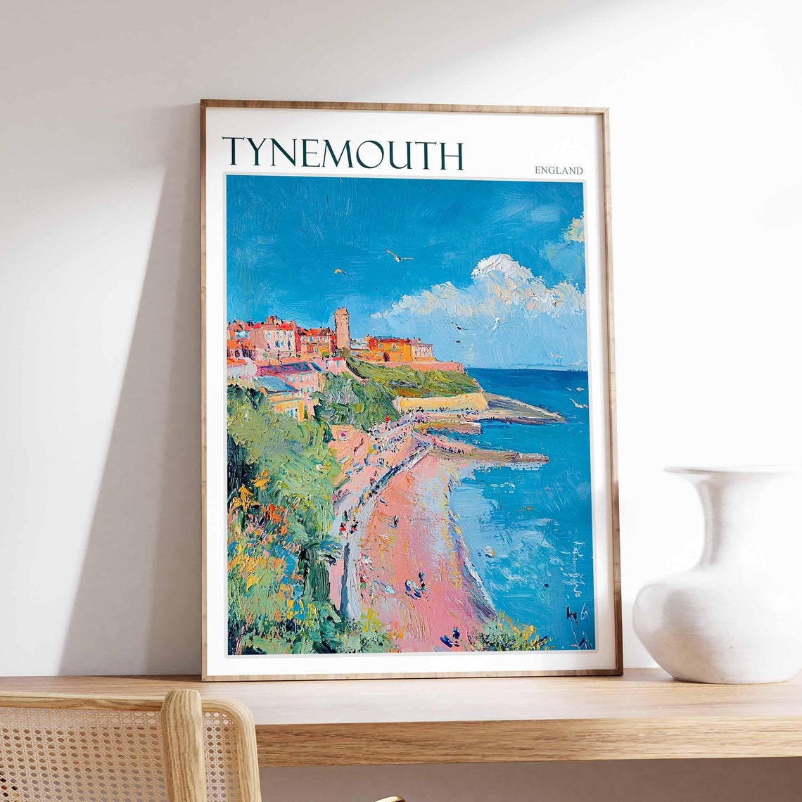 Tynemouth Castle Headland Pink Beach Seagulls View Art Poster