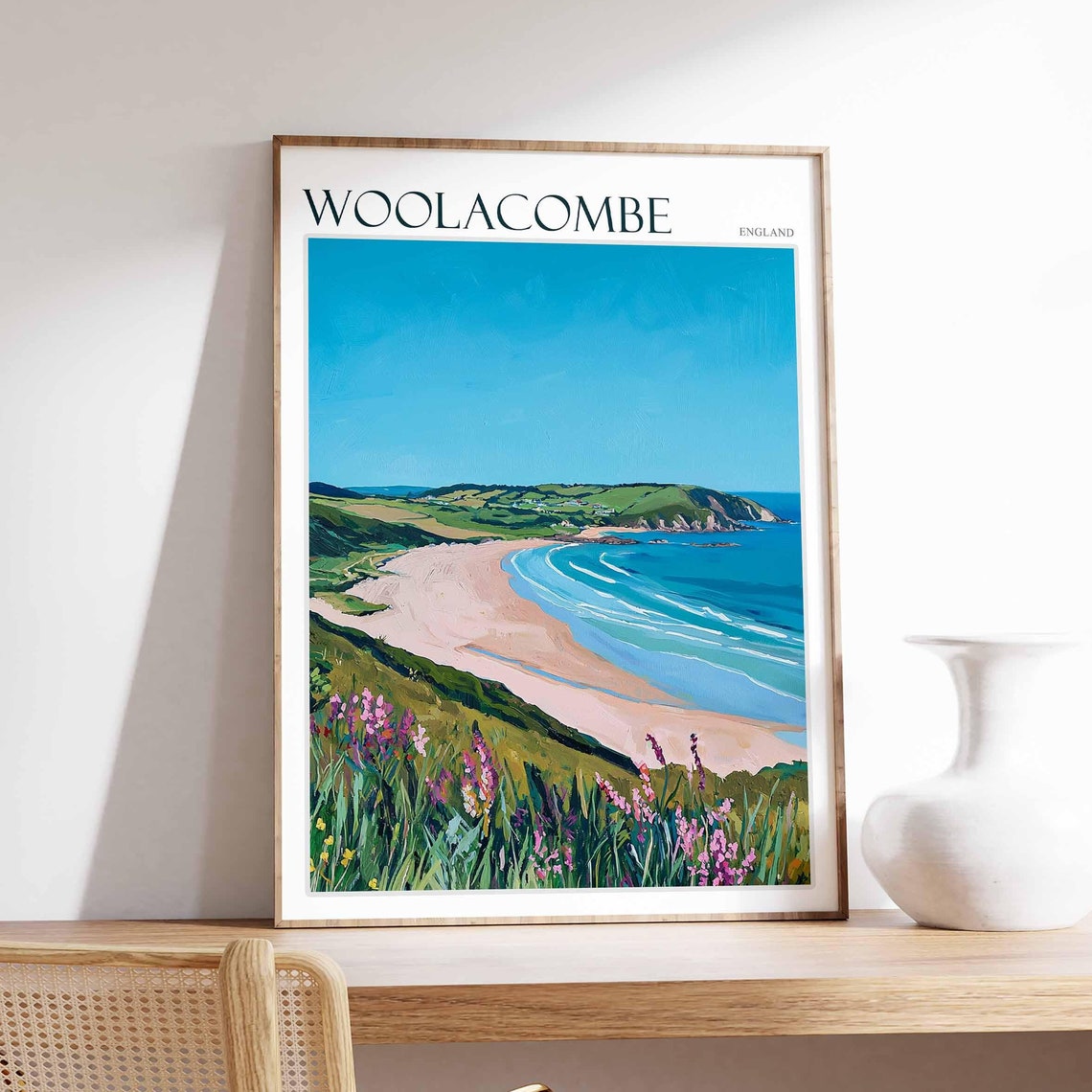 Woolacombe England Pink Sand Beach Blooming Wildflower Cliffs Poster