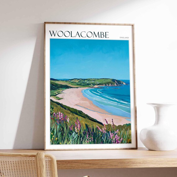 Woolacombe England Pink Sand Beach Blooming Wildflower Cliffs Poster