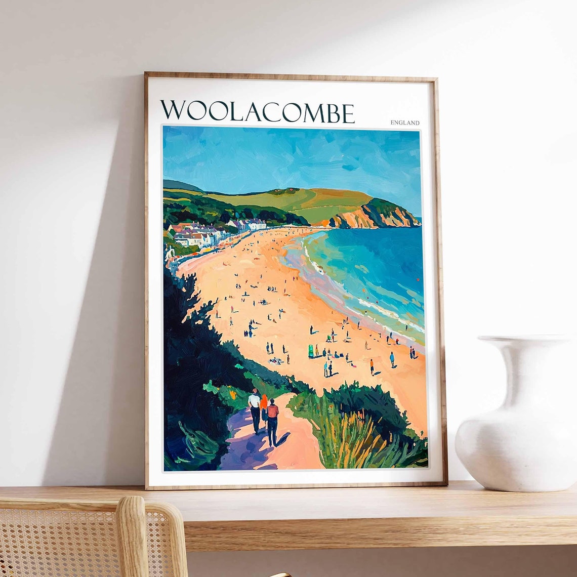 Woolacombe England Cliff Path Walkers Sandy Beach Travel Poster