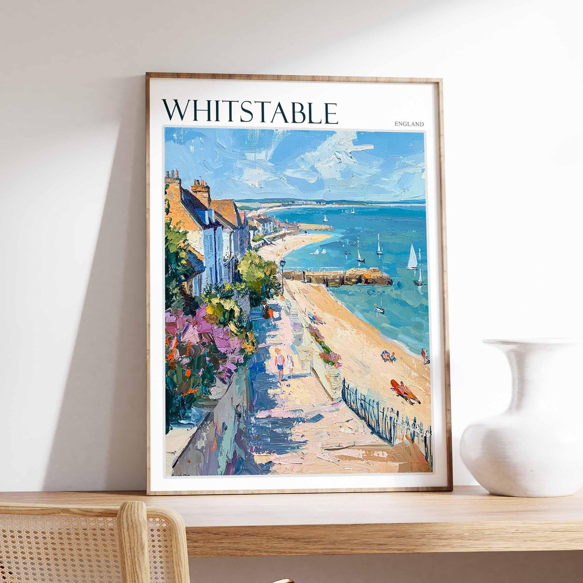 Whitstable England Promenade Beach Sailboats Bright Flower Poster