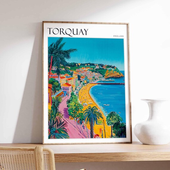 Torquay England Vibrant Coastal Bay Beach Palm Trees Colorful Poster
