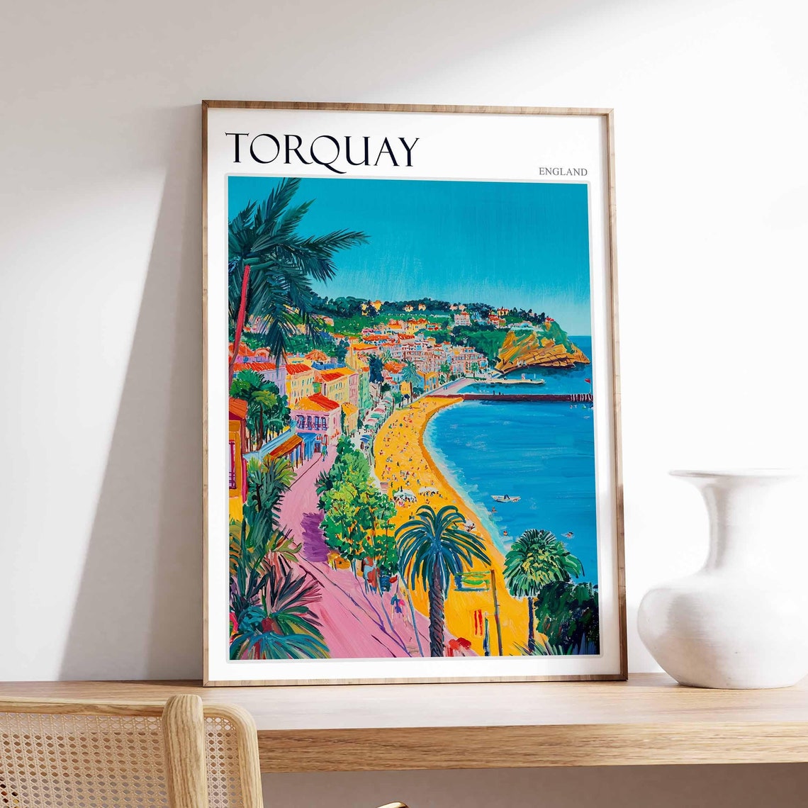 Torquay England Vibrant Coastal Bay Beach Palm Trees Colorful Poster