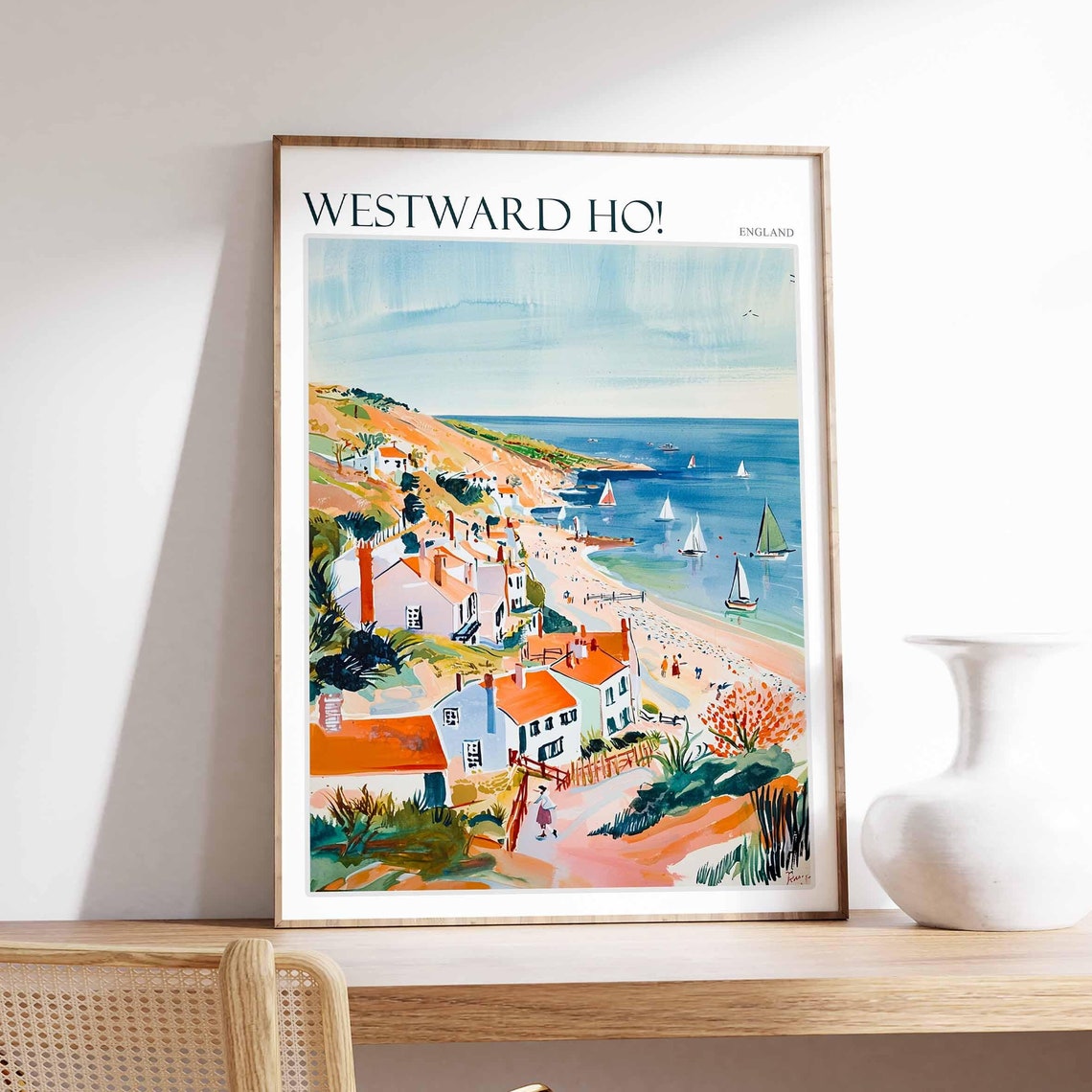 Westward Ho Sailboats White Cottages Orange Roofs Art Poster