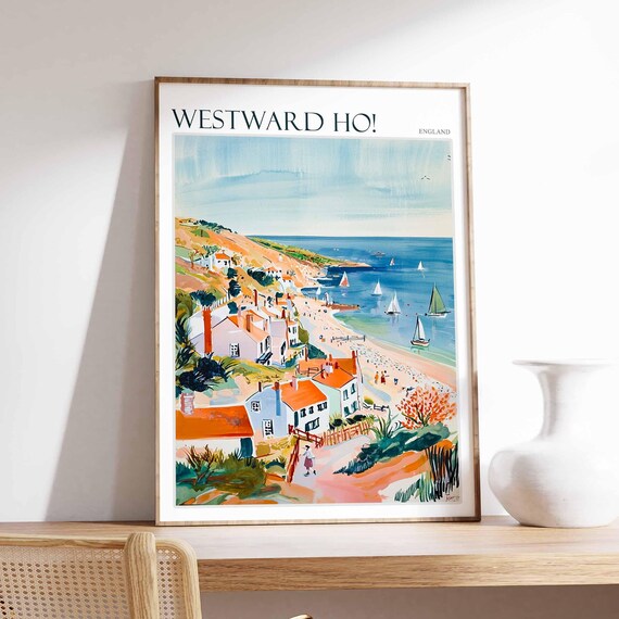 Westward Ho Poster North Devon Poster Uk Travel Poster Coastal Wall Art British Decor Surfing Travel Poster Westward Ho Travel Print