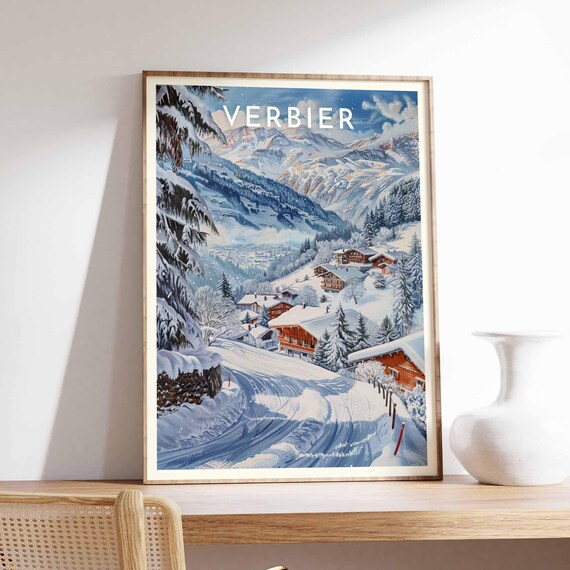 Verbier Switzerland Curving Ski Trail Chalets Winter Travel Poster