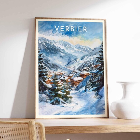 Verbier Switzerland Valley View Watercolor Winter Travel Poster
