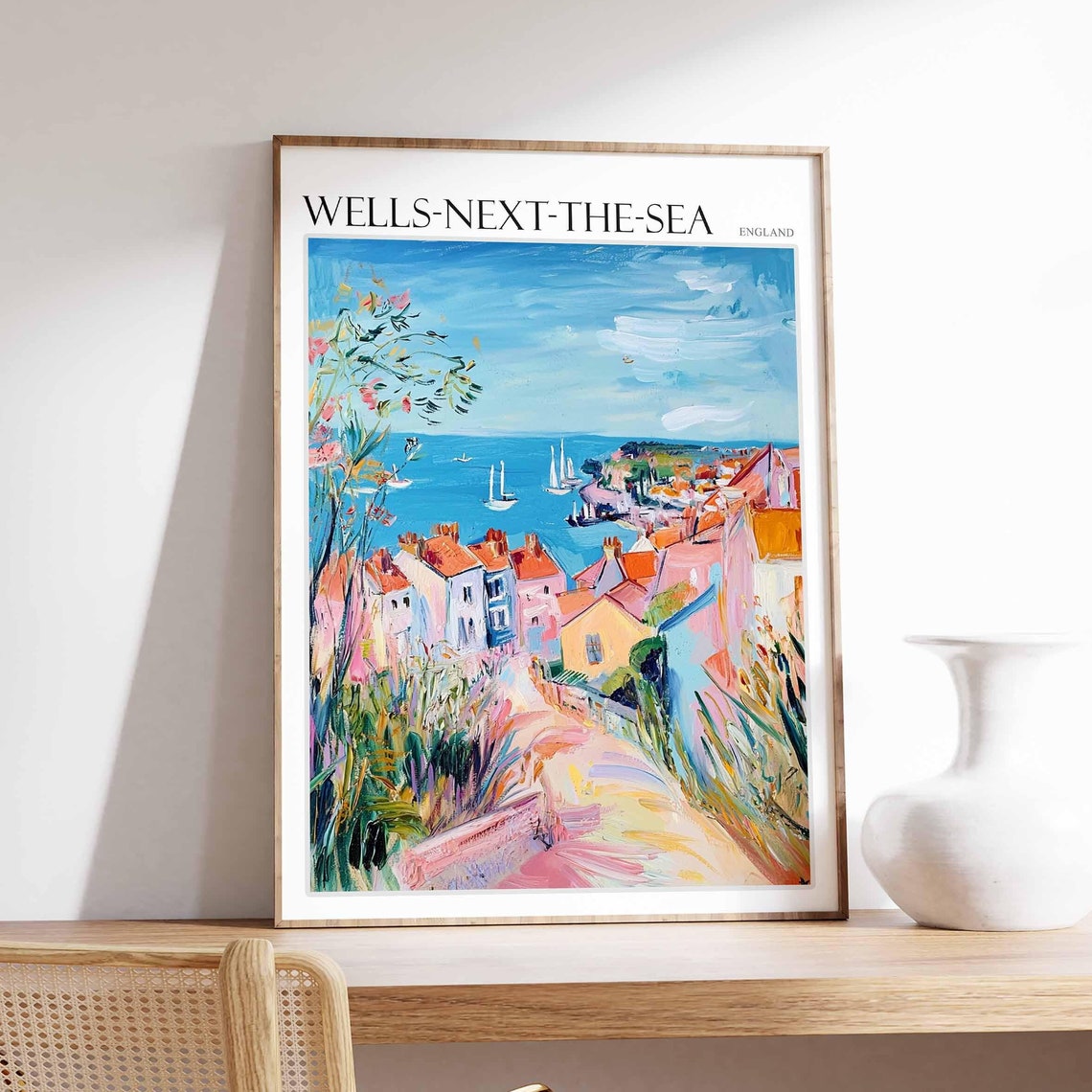 Wells-Next-The-Sea Hill View Pink Rooftops Sailboats Art Poster