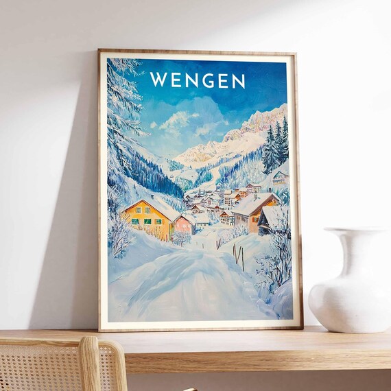 Wengen Switzerland Blue Sky Snowy Village Chalets Travel Poster