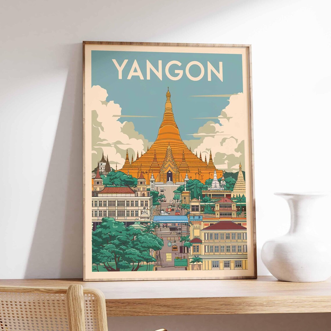 Yangon Golden Pagoda Retro Travel Poster Vintage Southeast Asia Decor