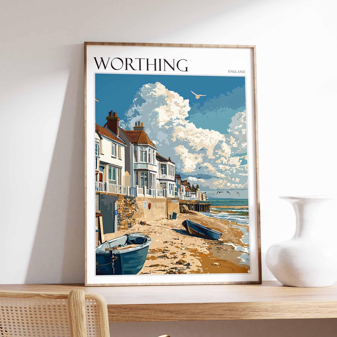 Worthing Poster Sussex Poster Uk Travel Poster Coastal Wall Art Uk Home Decor Worthing Travel Print Sussex Travel Print Worthing Art
