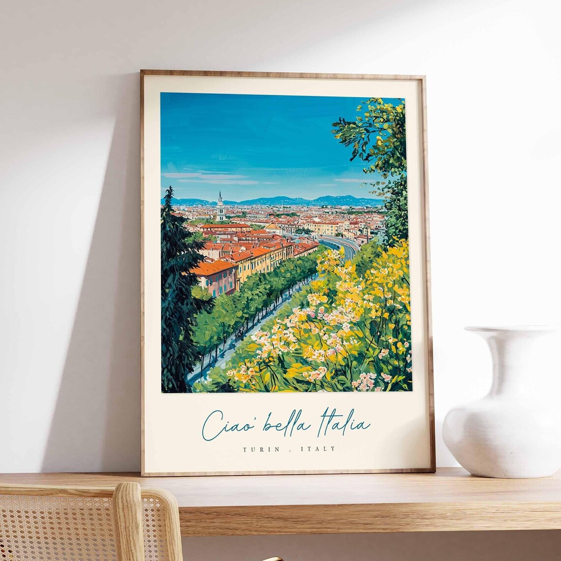 Turin Italy Cityscape Painting Yellow Blossom Trees Ciao Bella Poster