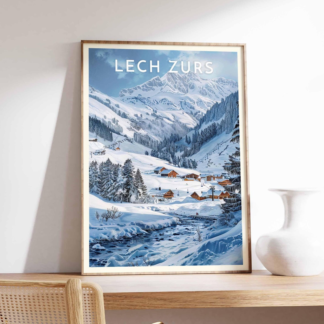 Lech Zurs Austria Ski Village Valley River Snowy Peaks Poster
