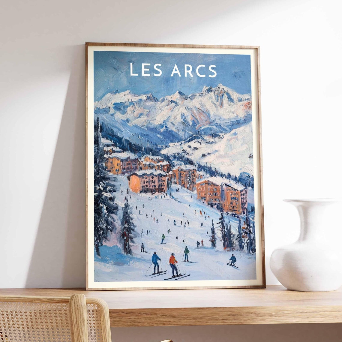 Les Arcs France Skiers Village Alpine Slopes Winter Ski Travel Poster
