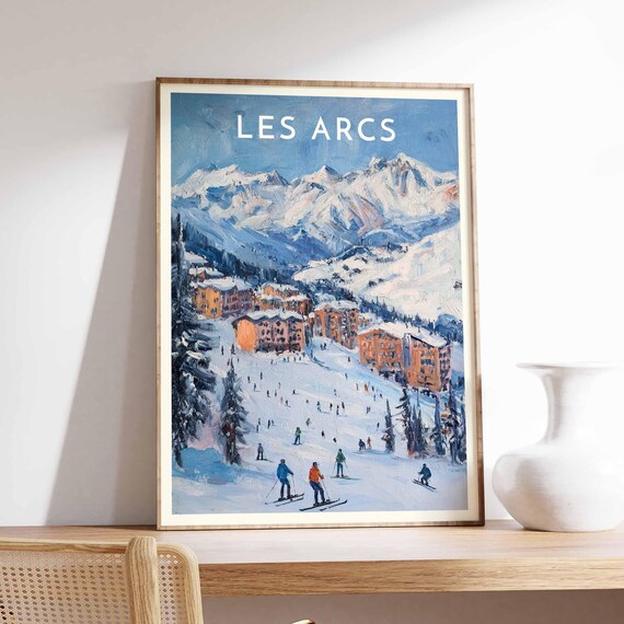 Les Arcs France Skiers Village Alpine Slopes Winter Ski Travel Poster