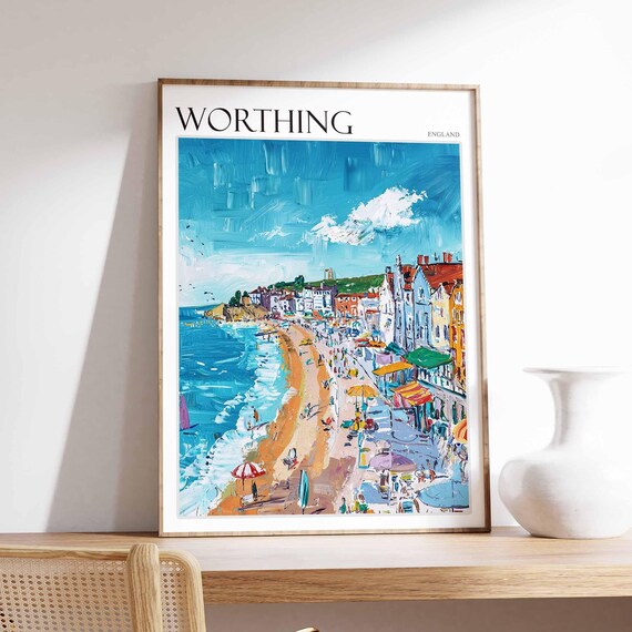 Worthing England Busy Beachfront Promenade Summer Painting Poster